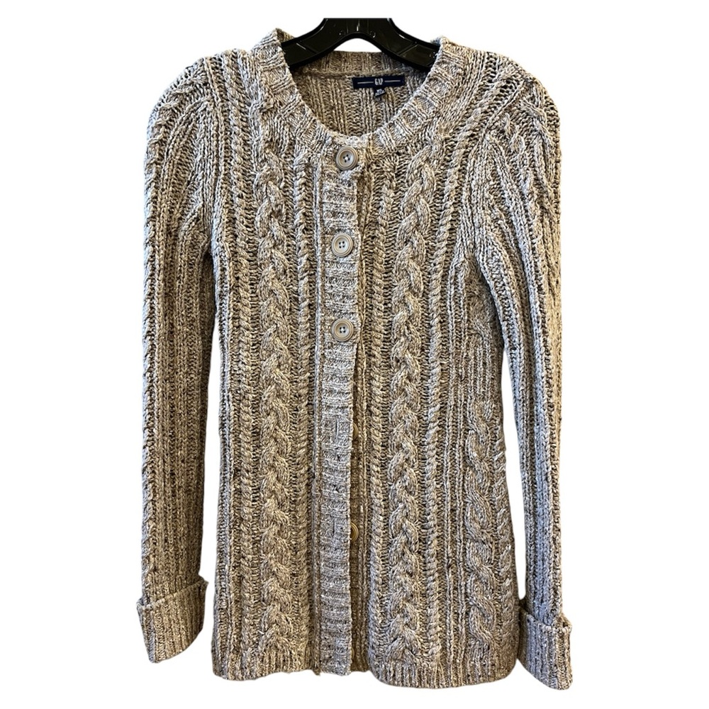 GAP sweater cable knit button long heavy thick oatmeal tan brown cardigan XS